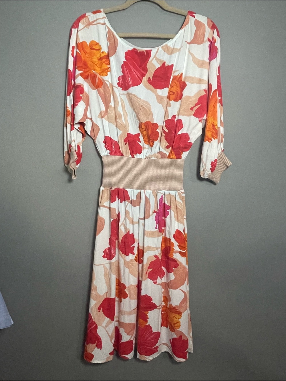 Maeve Anthropologie Floral Midi Dress XS Pink Orange Floral Smocked Waist